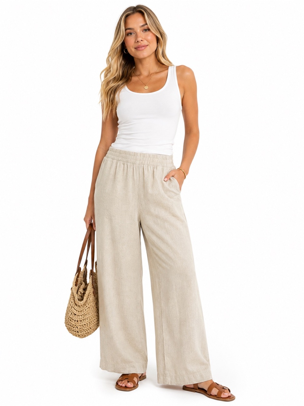 Old Navy High Rise Wide Leg Linen Blend Pull On Pants Flax Beige Small